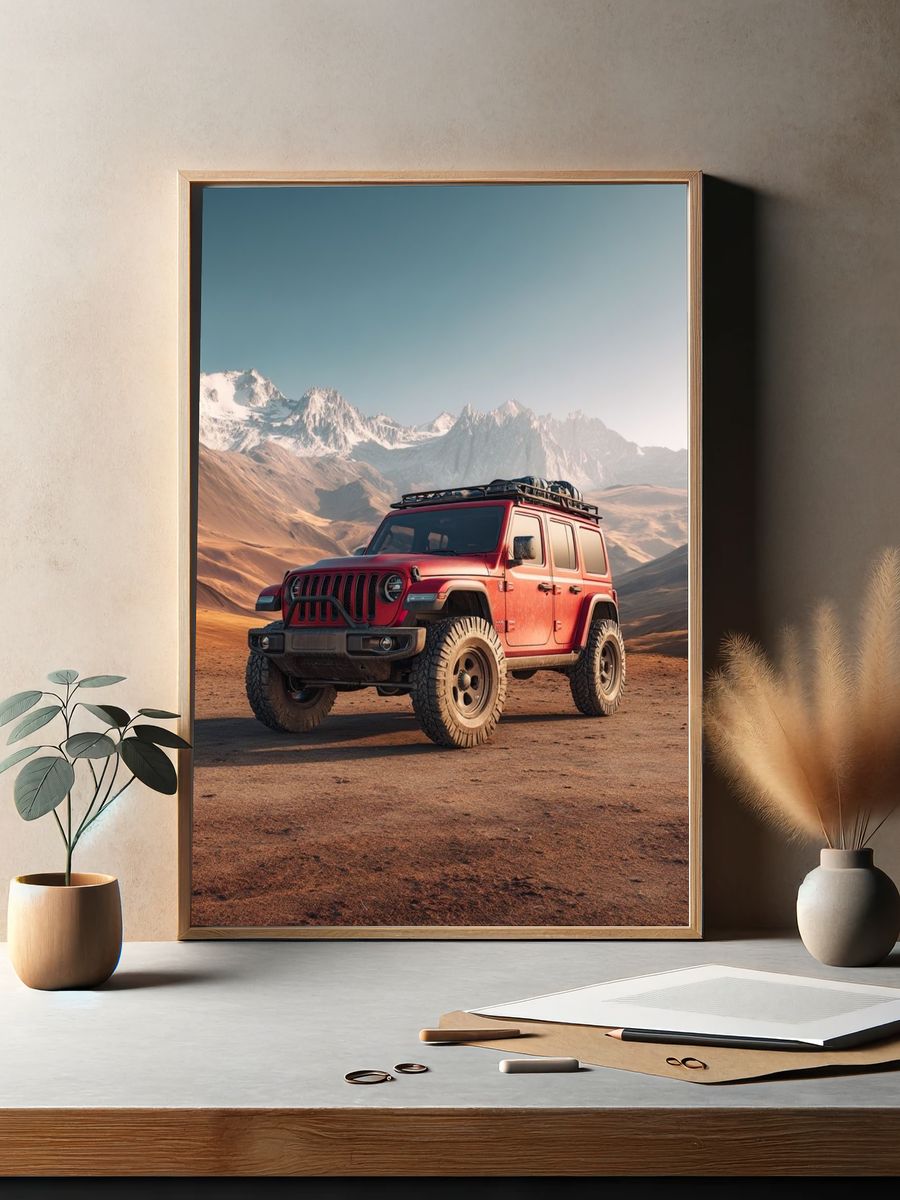Red Off-Road SUV in Desert Landscape Poster. — room view 2