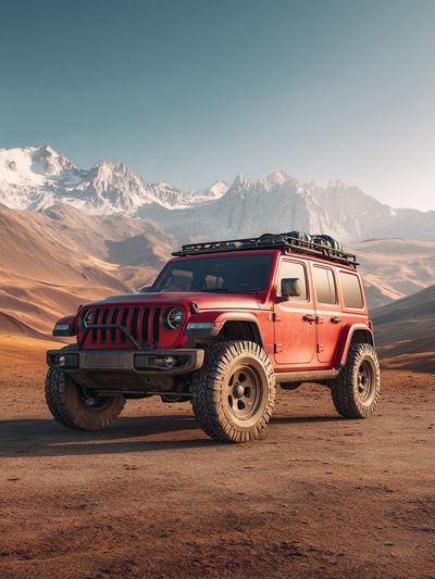 Red Off-Road SUV in Desert Landscape Poster. poster