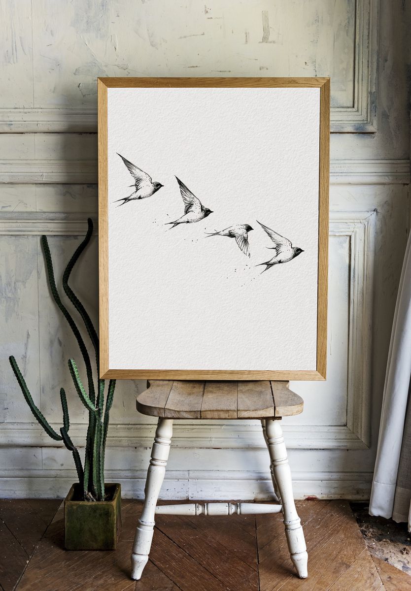 Swallows in Flight Minimalist Print. room preview