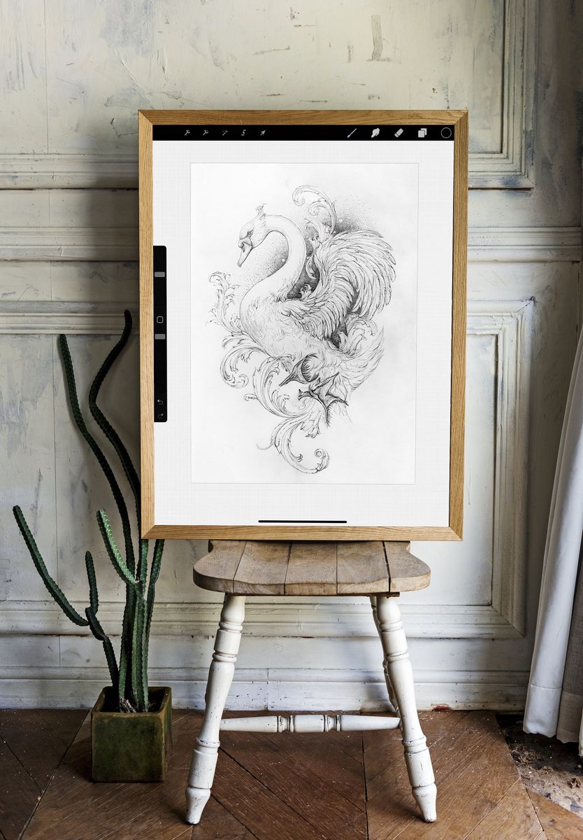 Ornate Swan Line Art Poster. — room view 1
