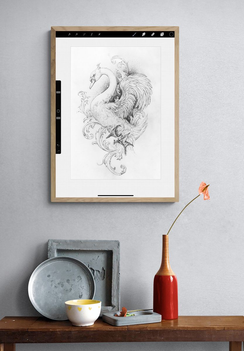 Ornate Swan Line Art Poster. — room view 3