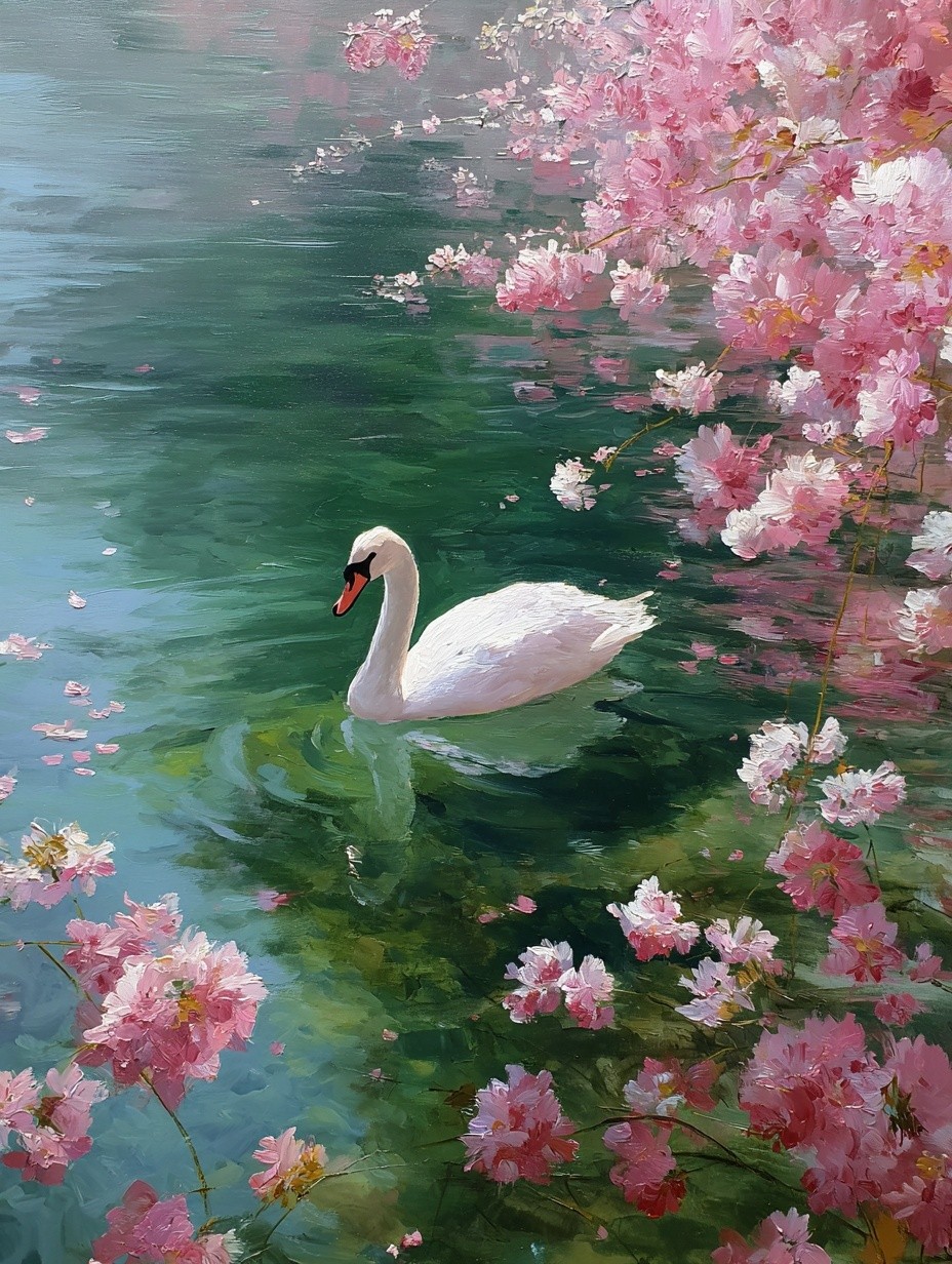 Swan Among Cherry Blossoms — Fine Art Print. poster detail