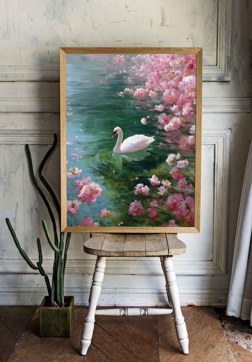 Swan Among Cherry Blossoms — Fine Art Print. — room view 1