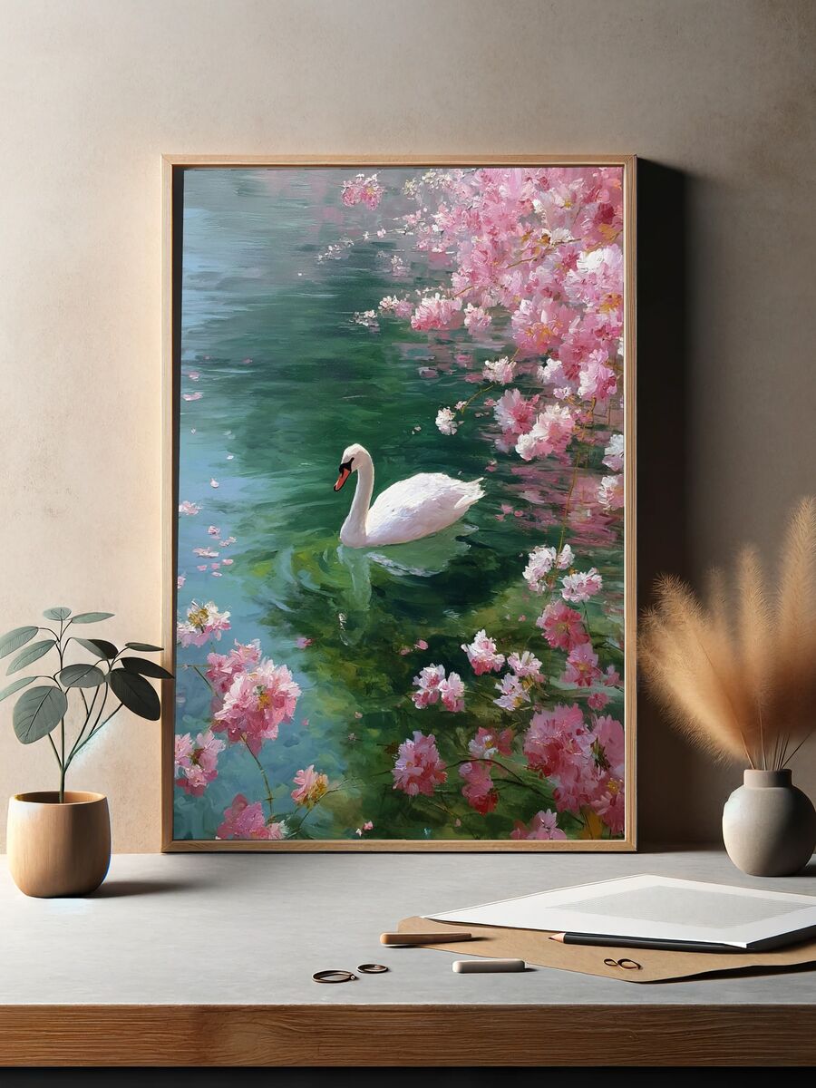 Swan Among Cherry Blossoms — Fine Art Print. — room view 2