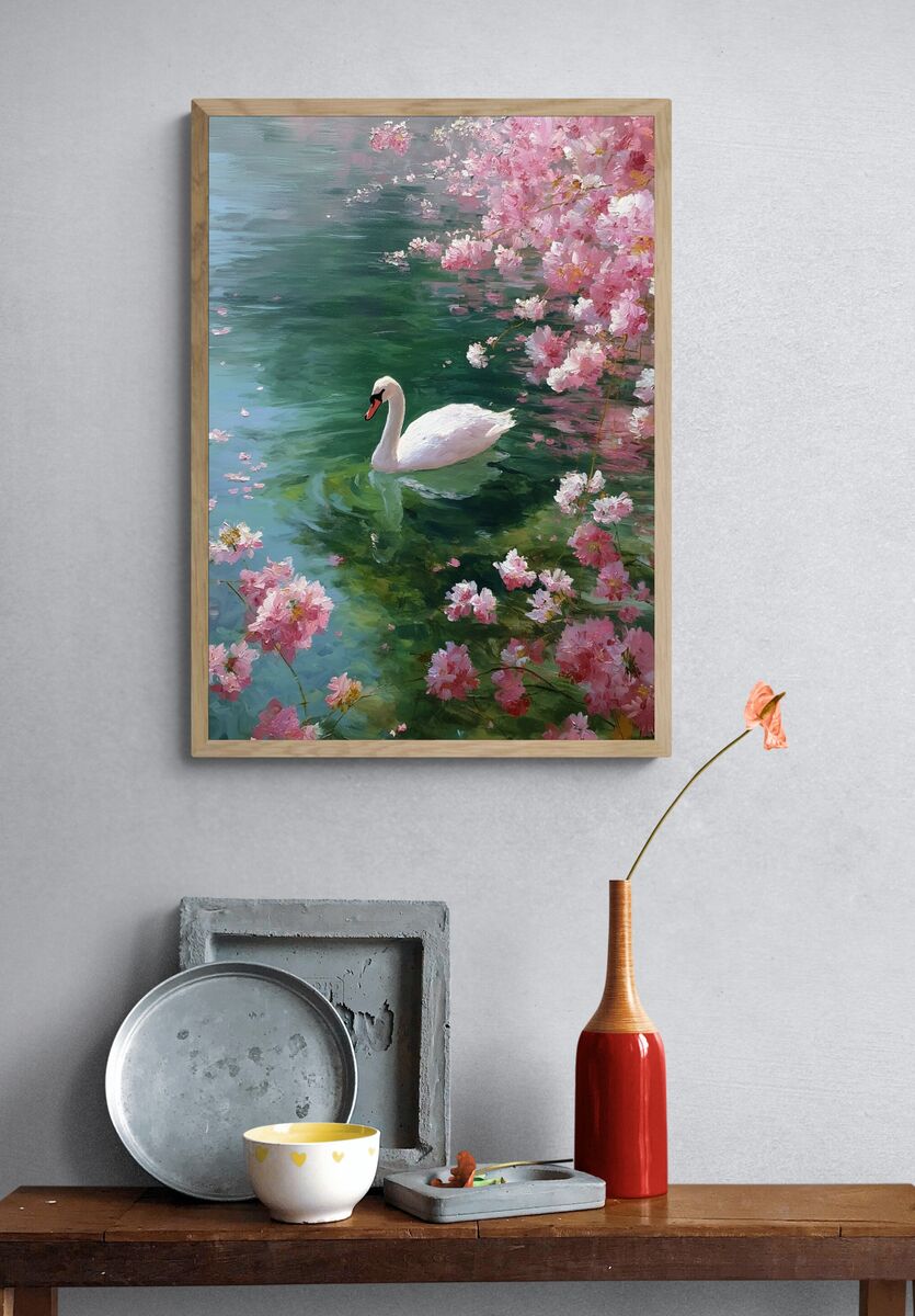 Swan Among Cherry Blossoms — Fine Art Print. — room view 3