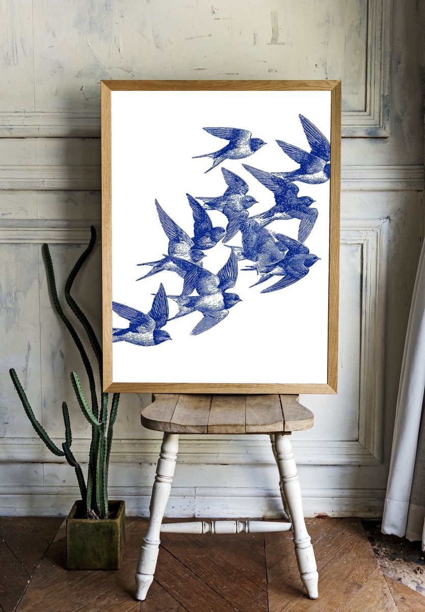 Swallow Flock Ink Poster. room preview