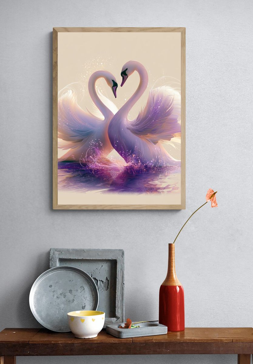 Swans in Heart Pose Illustration Poster. — room view 3