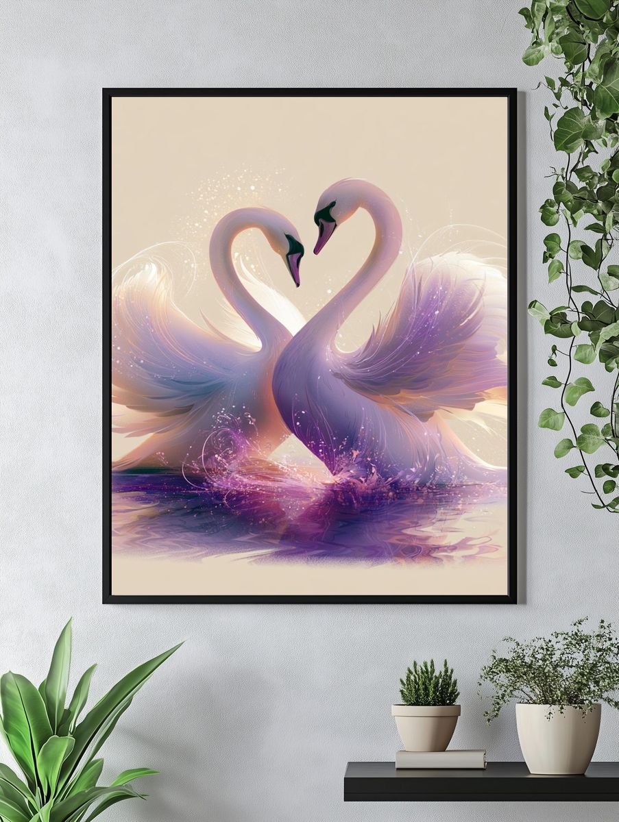 Swans in Heart Pose Illustration Poster. — room view 4