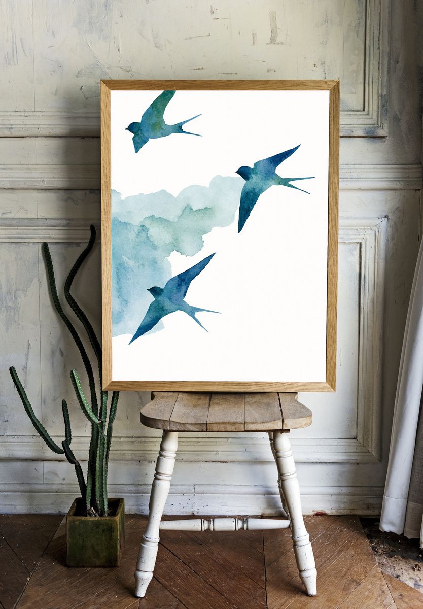 Swallow Flight Watercolor Poster. — room view 1