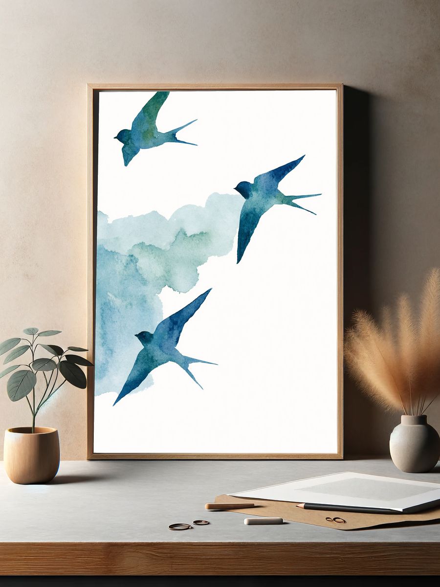 Swallow Flight Watercolor Poster. — room view 2