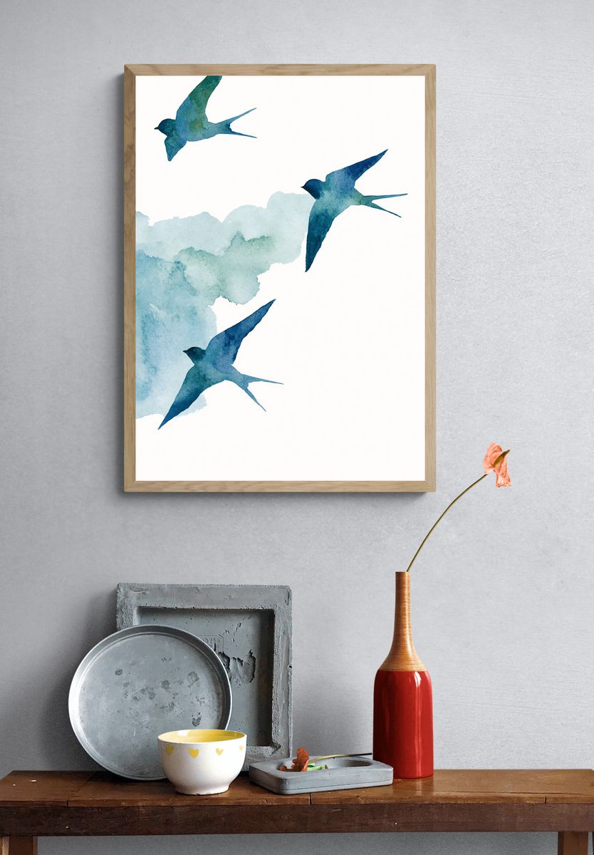 Swallow Flight Watercolor Poster. — room view 3