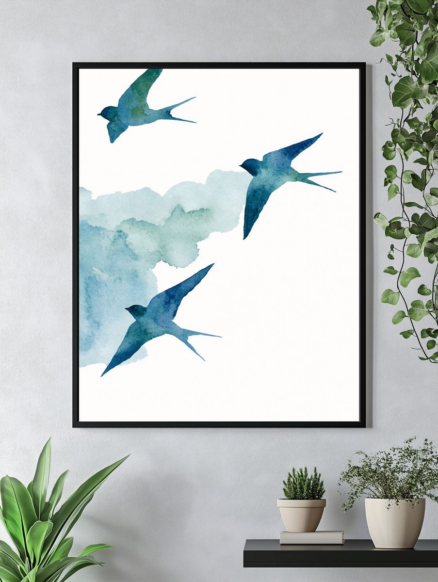 Swallow Flight Watercolor Poster. — room view 4