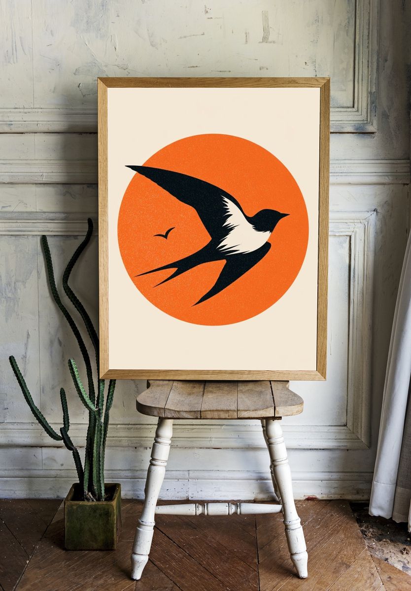 Swallow Silhouette Vintage Poster. room preview