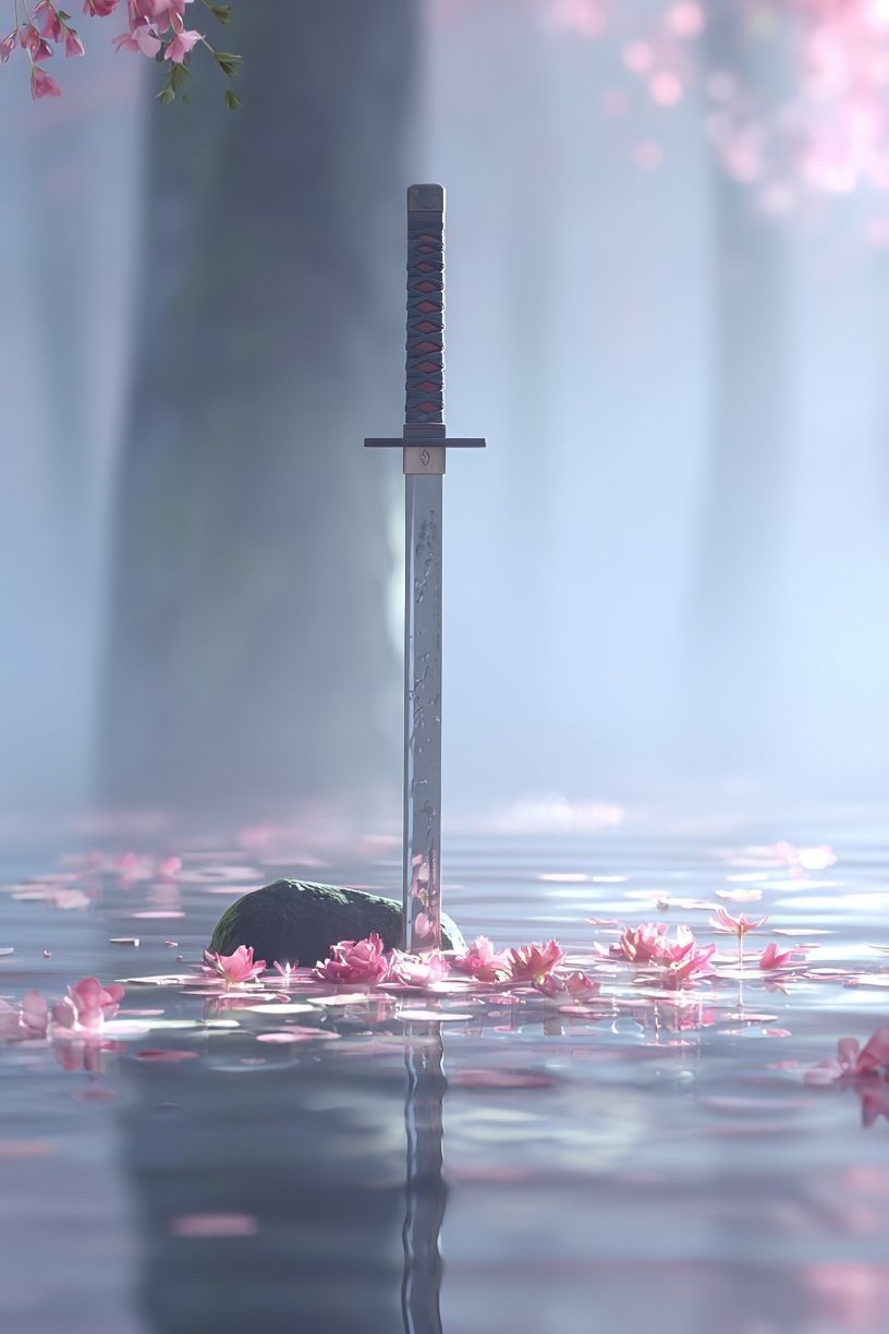 Samurai Sword in Cherry Blossom Water — Art Print. poster detail