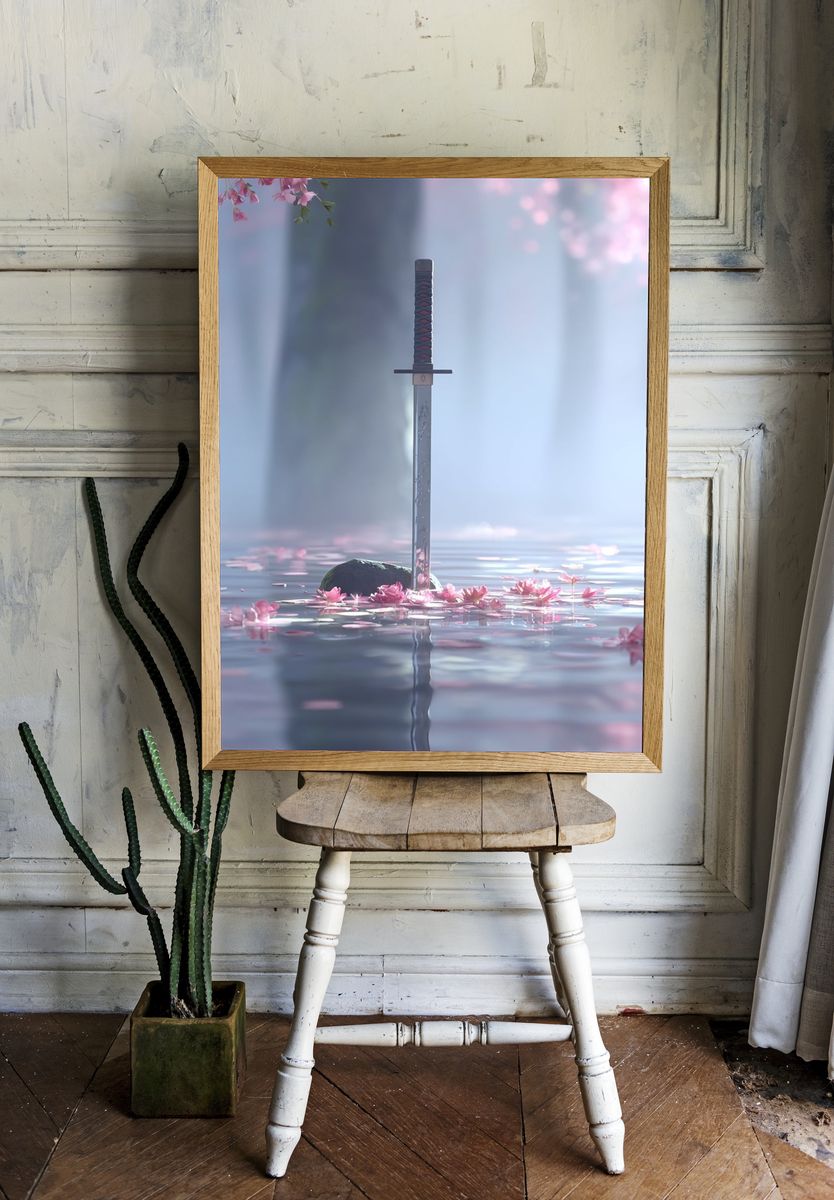 Samurai Sword in Cherry Blossom Water — Art Print. — room view 1