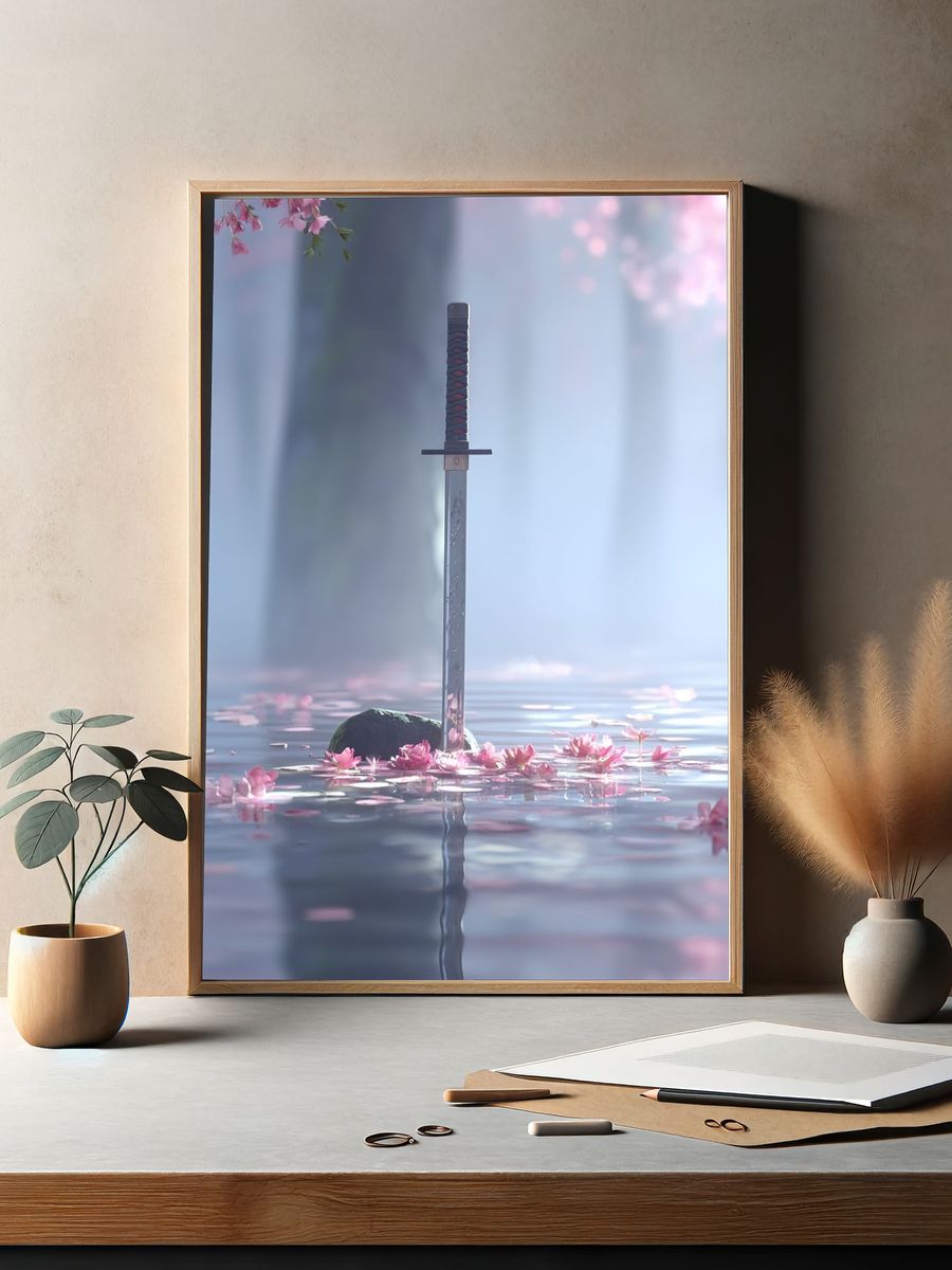 Samurai Sword in Cherry Blossom Water — Art Print. — room view 2