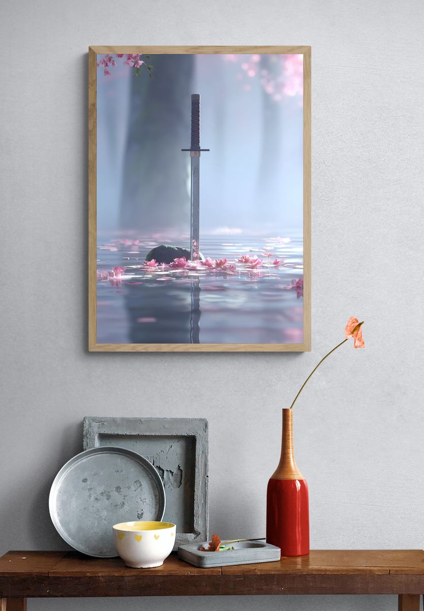 Samurai Sword in Cherry Blossom Water — Art Print. — room view 3