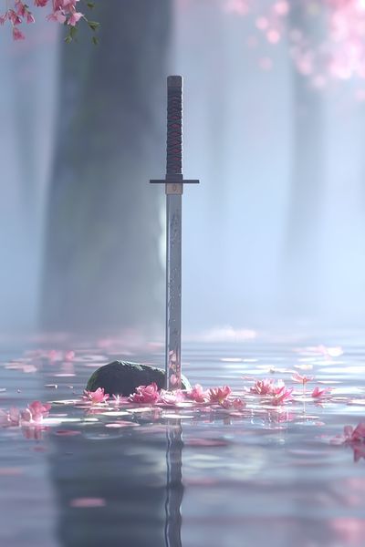 Samurai Sword in Cherry Blossom Water — Art Print. poster