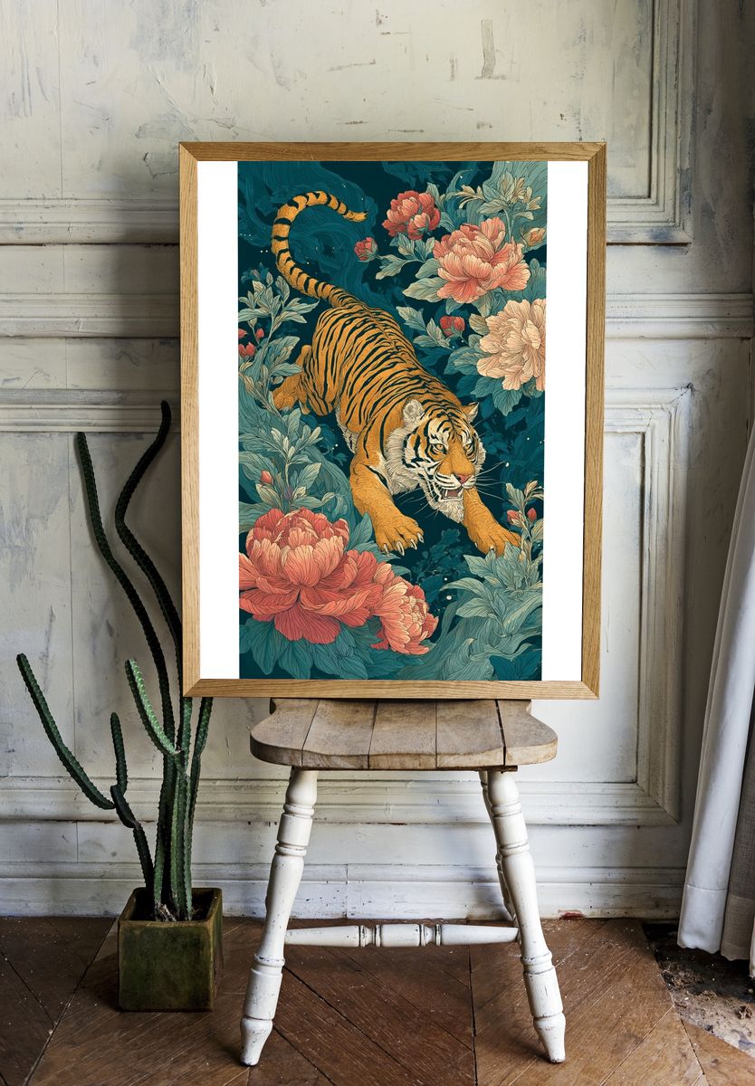 Tiger Among Blossoms — Illustration Print. — room view 1