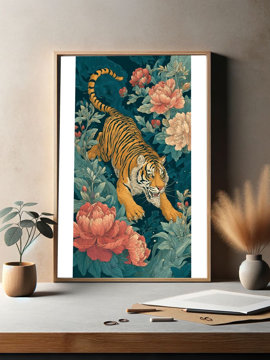 Tiger Among Blossoms — Illustration Print. — room view 2