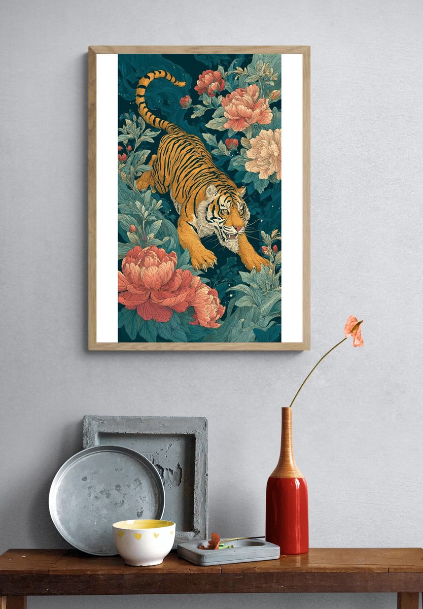 Tiger Among Blossoms — Illustration Print. — room view 3