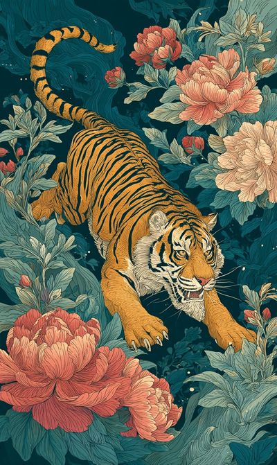 Tiger Among Blossoms — Illustration Print. poster