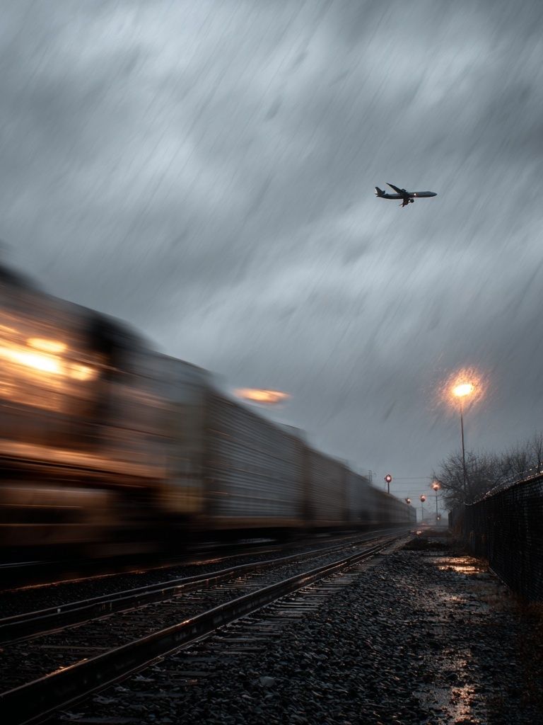 Train and Airplane in Rainy Landscape Poster. poster detail