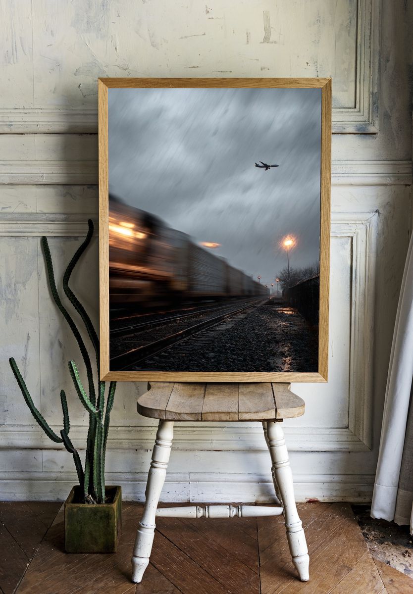 Train and Airplane in Rainy Landscape Poster. — room view 1