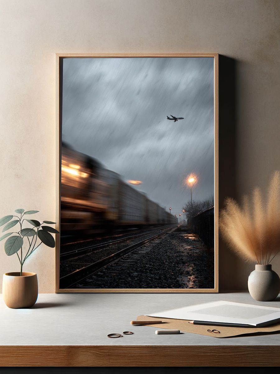 Train and Airplane in Rainy Landscape Poster. — room view 2