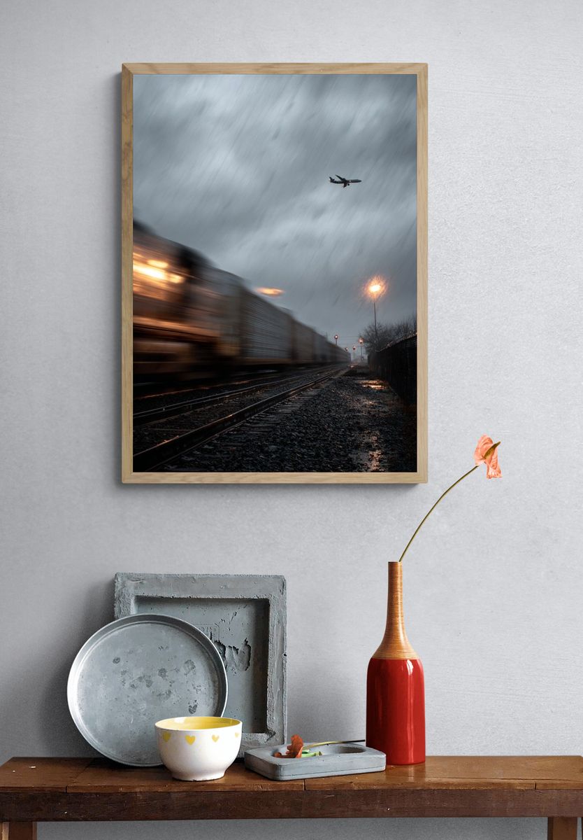 Train and Airplane in Rainy Landscape Poster. — room view 3