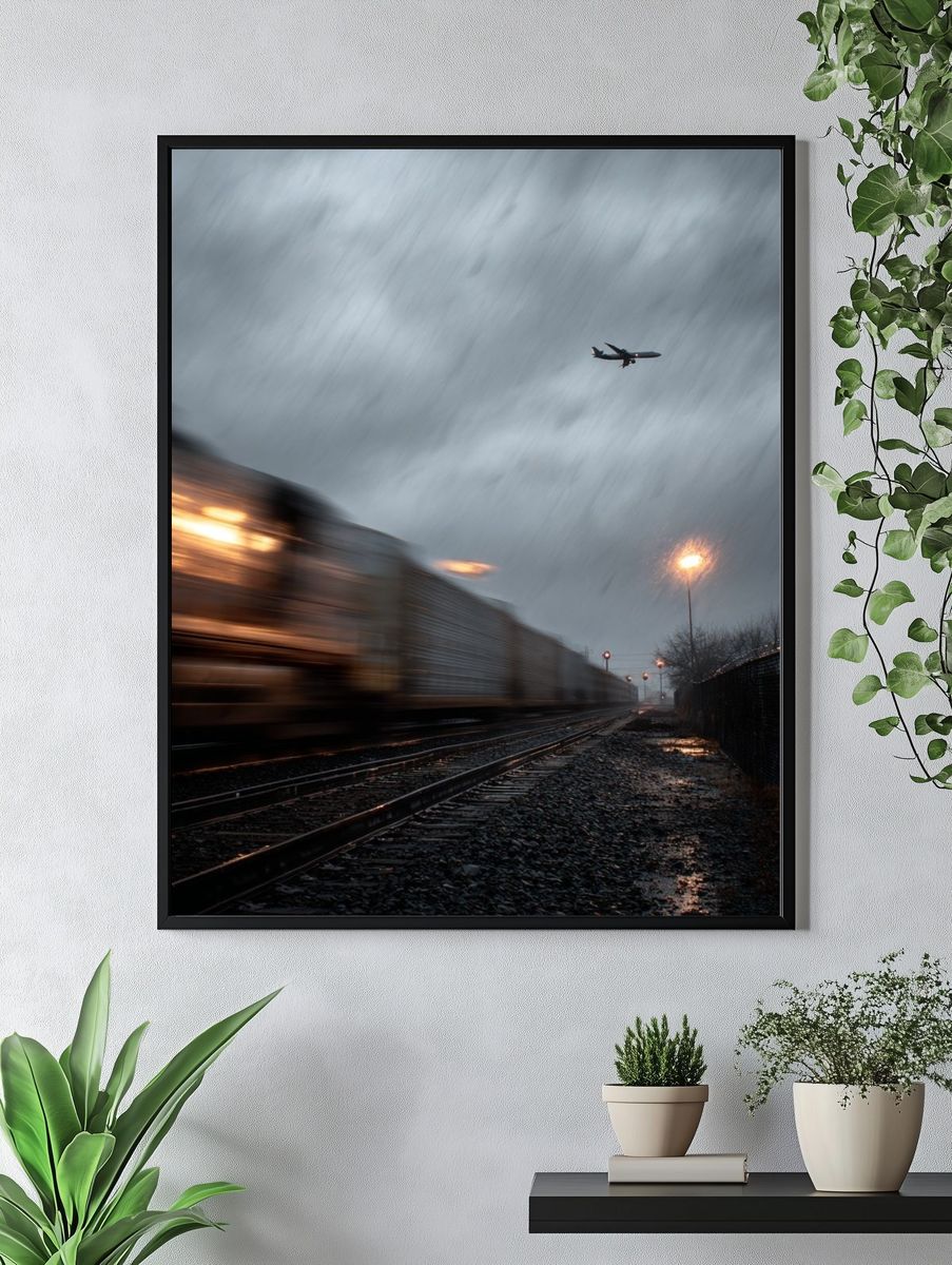 Train and Airplane in Rainy Landscape Poster. — room view 4