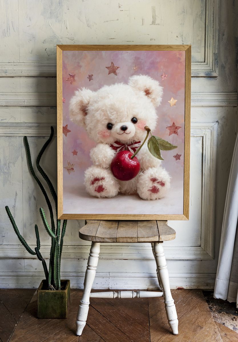 Cute Teddy Bear with Apple — Illustration Print. — room view 1