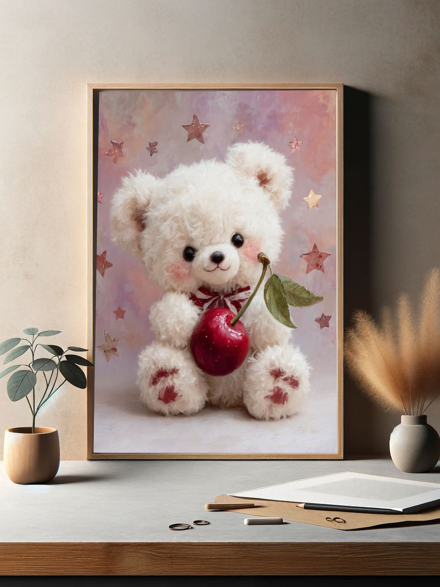 Cute Teddy Bear with Apple — Illustration Print. — room view 2