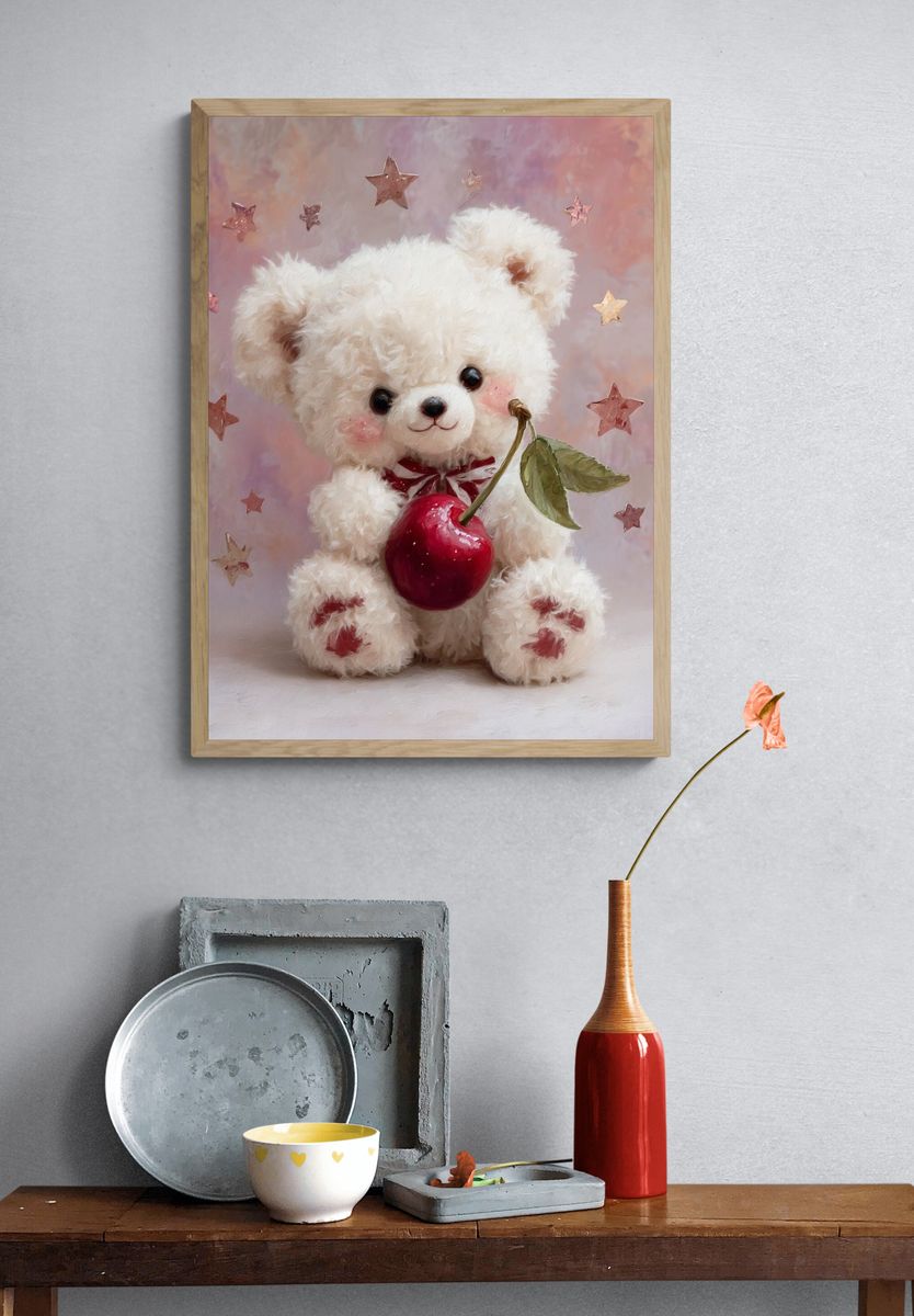 Cute Teddy Bear with Apple — Illustration Print. — room view 3