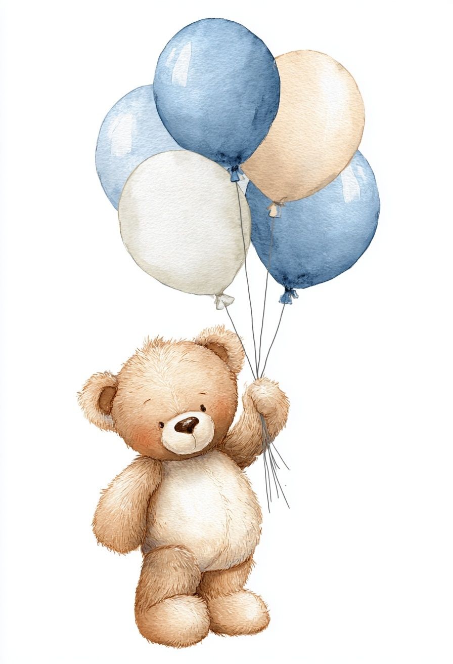 Teddy Bear with Balloons — Watercolor Print. poster detail