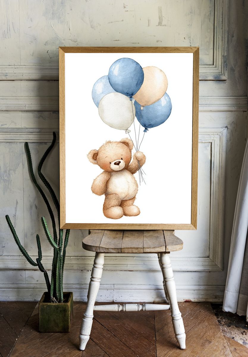 Teddy Bear with Balloons — Watercolor Print. — room view 1