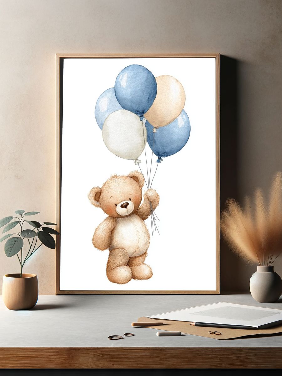 Teddy Bear with Balloons — Watercolor Print. — room view 2