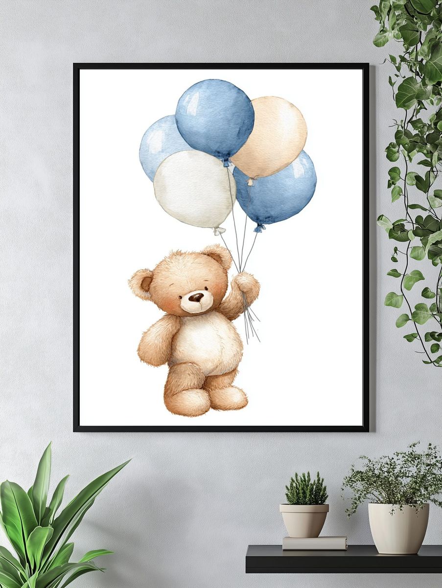 Teddy Bear with Balloons — Watercolor Print. — room view 4