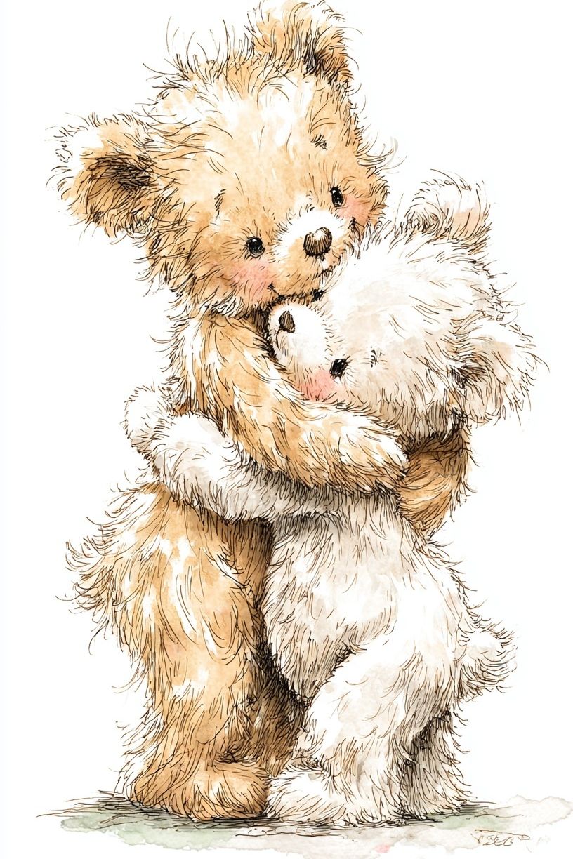 Cute Teddy Bears Hugging — Illustration Print. poster detail