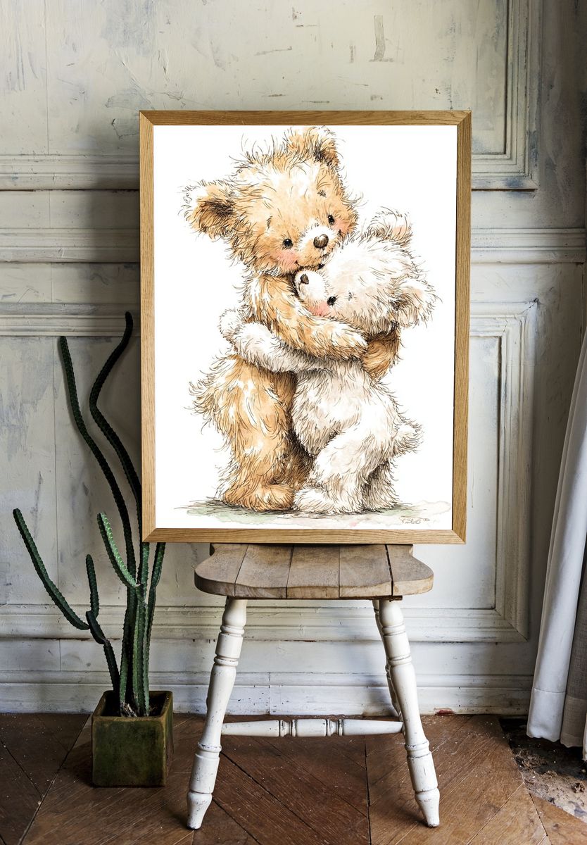 Cute Teddy Bears Hugging — Illustration Print. — room view 1