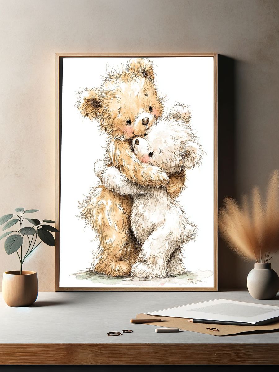 Cute Teddy Bears Hugging — Illustration Print. — room view 2