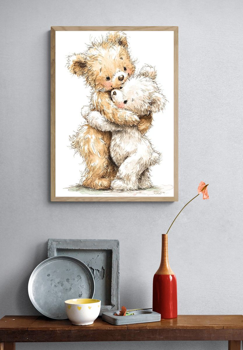Cute Teddy Bears Hugging — Illustration Print. — room view 3