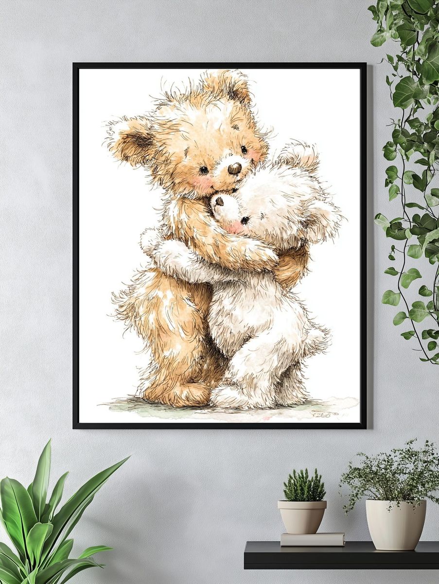 Cute Teddy Bears Hugging — Illustration Print. — room view 4