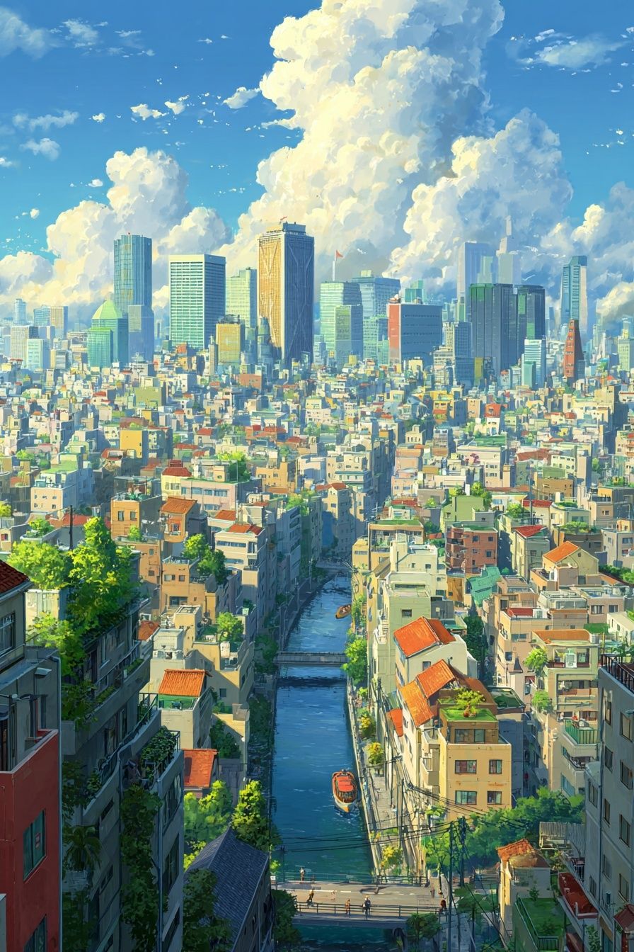 Tokyo Canal Cityscape Illustration Poster. poster — illustration art
