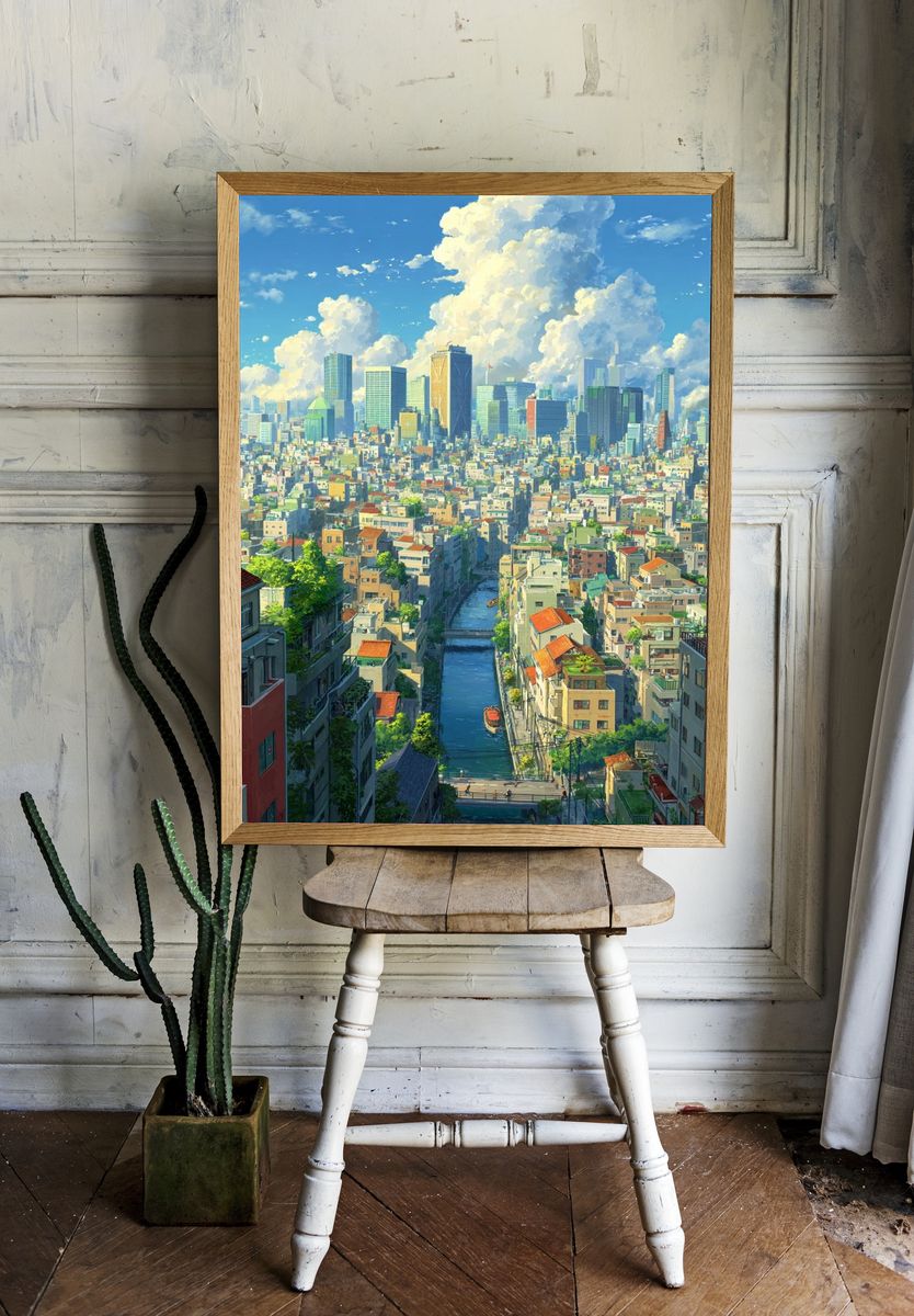 Tokyo Canal Cityscape Illustration Poster. room preview