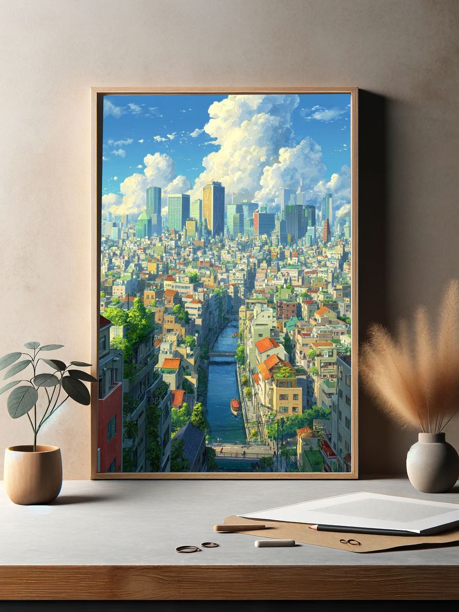 Tokyo Canal Cityscape Illustration Poster. — room view 2