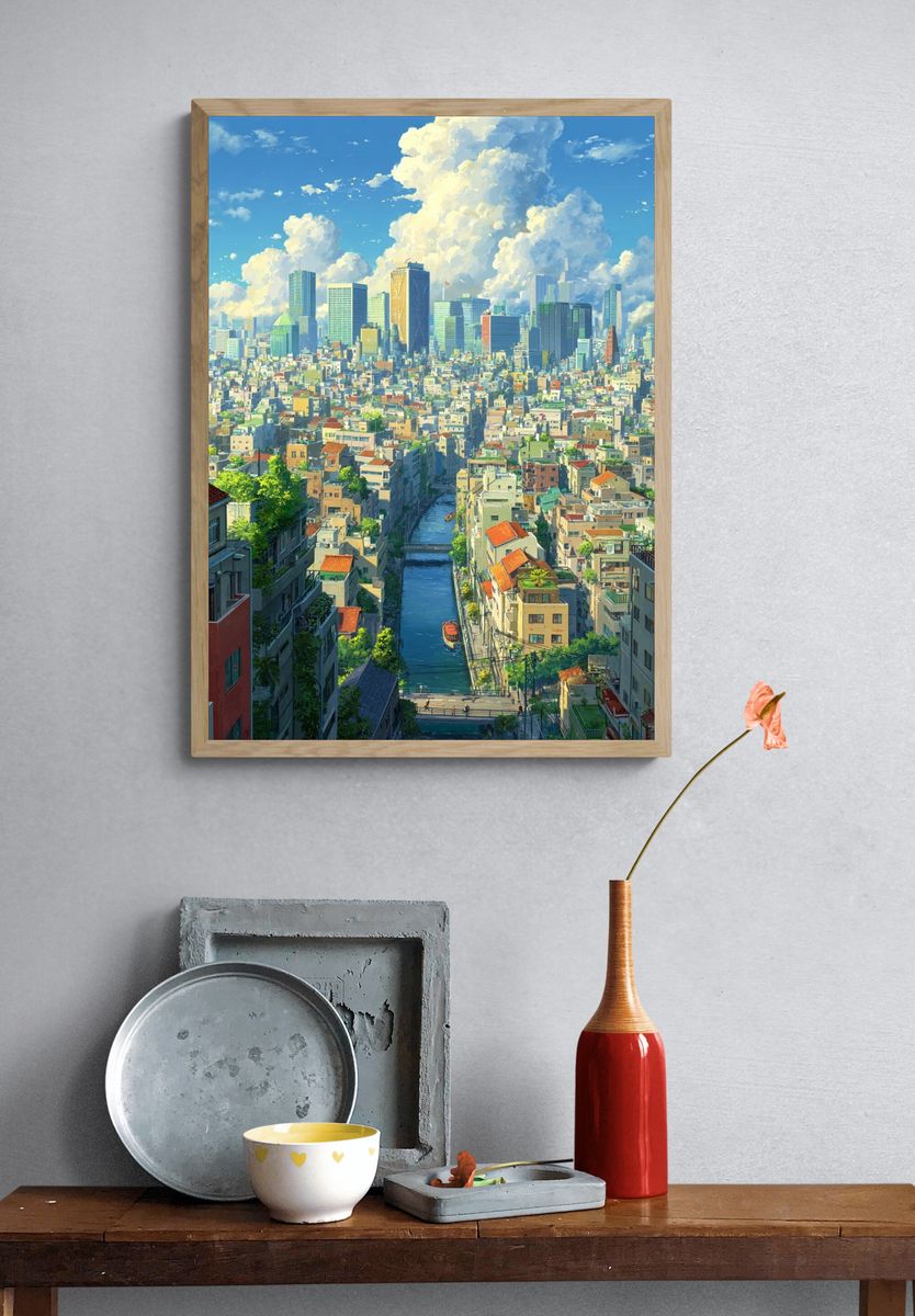 Tokyo Canal Cityscape Illustration Poster. — room view 3