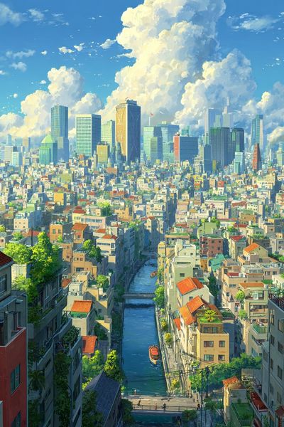 Tokyo Canal Cityscape Illustration Poster.