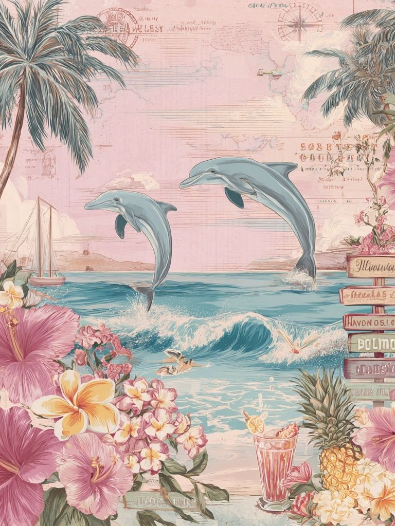 Tropical Dolphins and Flowers Poster. poster — nature art