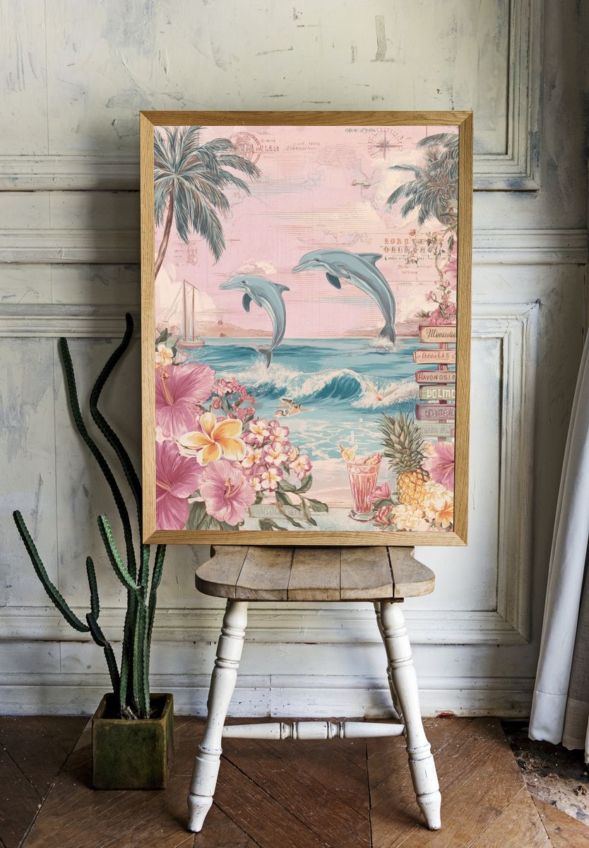 Tropical Dolphins and Flowers Poster room preview
